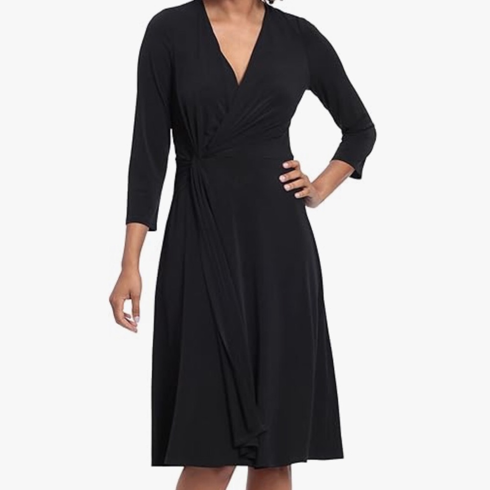🩵NWT🩵 LONDON TIMES PETITES FIT & FLARE FAUX WRAP V-NECK BLACK DRESS SZ 8P
